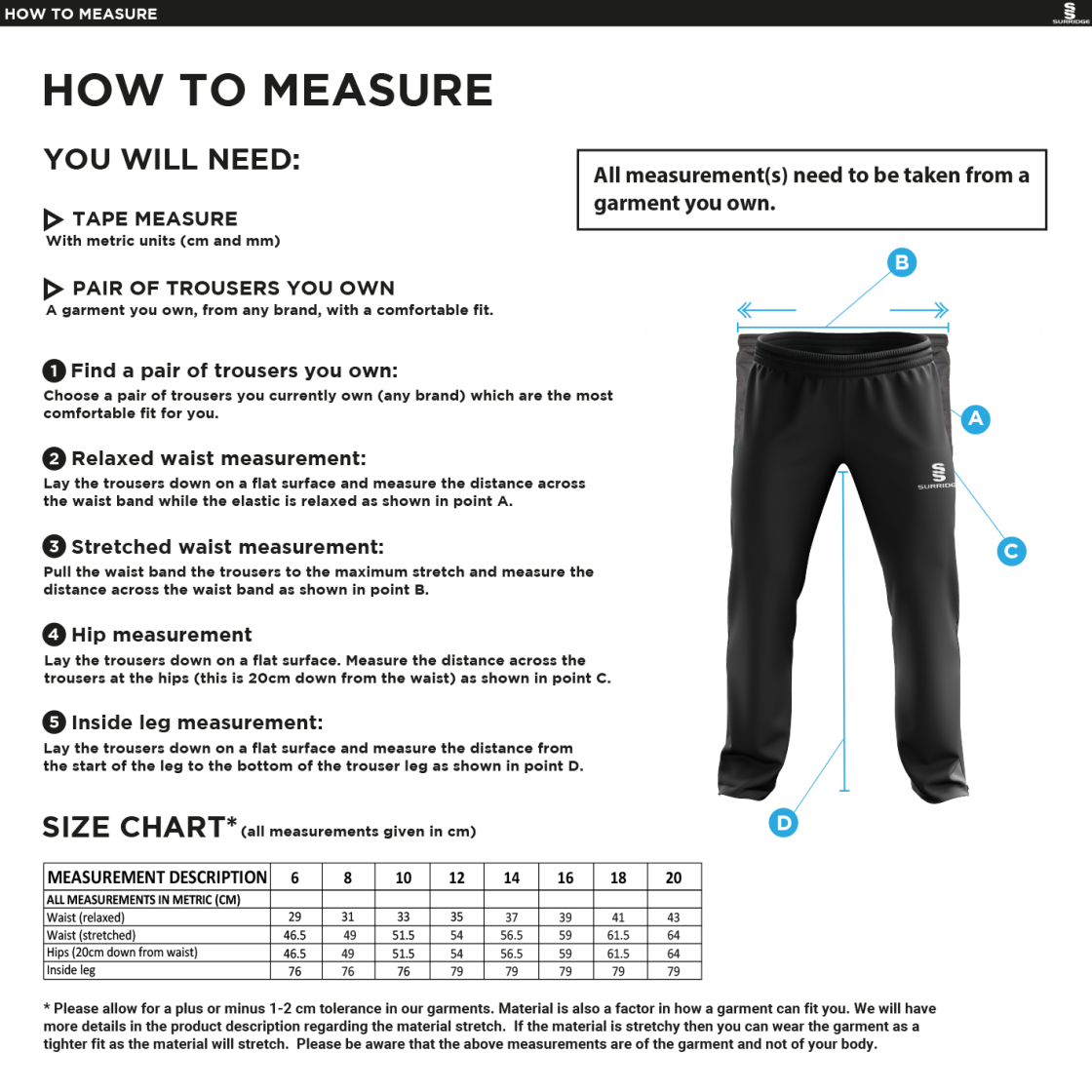 Nassington CC - Women's Ripstop Track Pant - Size Guide