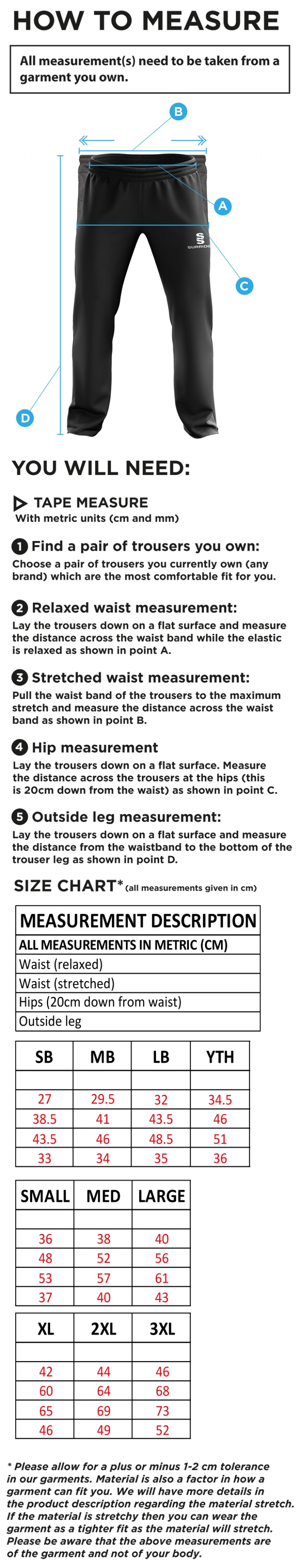 Nassington CC - Ripstop Track Pant - Size Guide