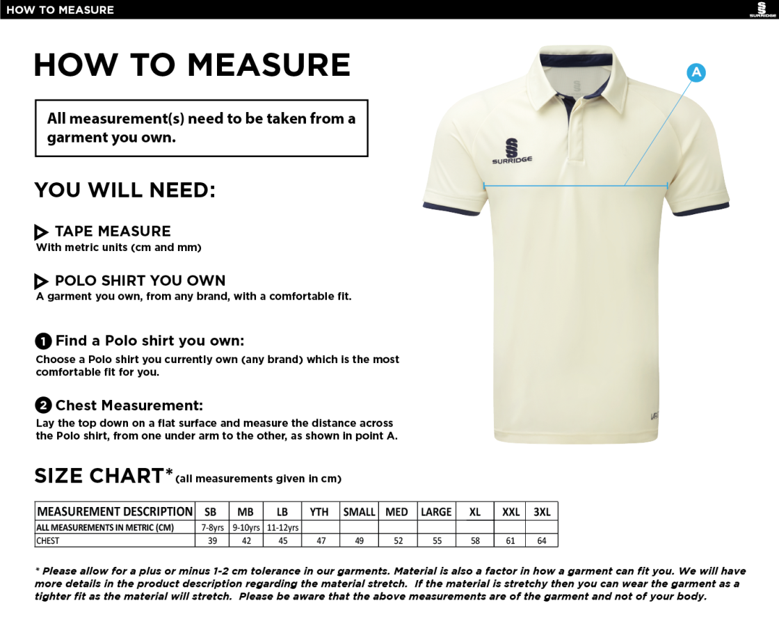 Nassington CC - Ergo Short Sleeve Maroon Trim Shirt - Size Guide
