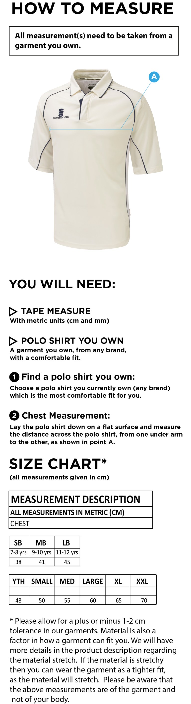 Nassington CC - Premier 3/4 Sleeve Maroon Trim Shirt - Size Guide