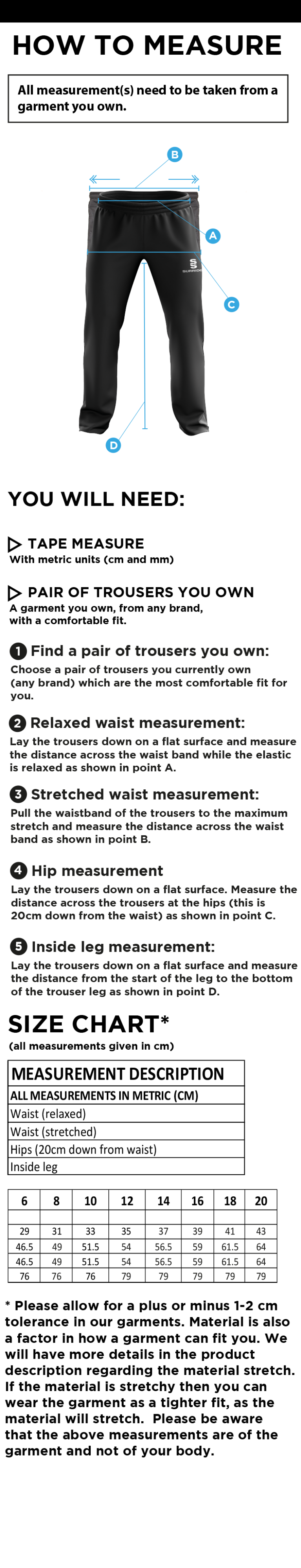 Nassington CC - Women's Ripstop Track Pant - Size Guide