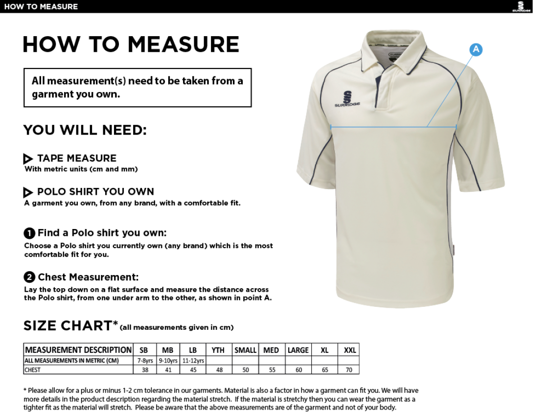 Nassington CC - Premier 3/4 Sleeve Maroon Trim Shirt - Size Guide