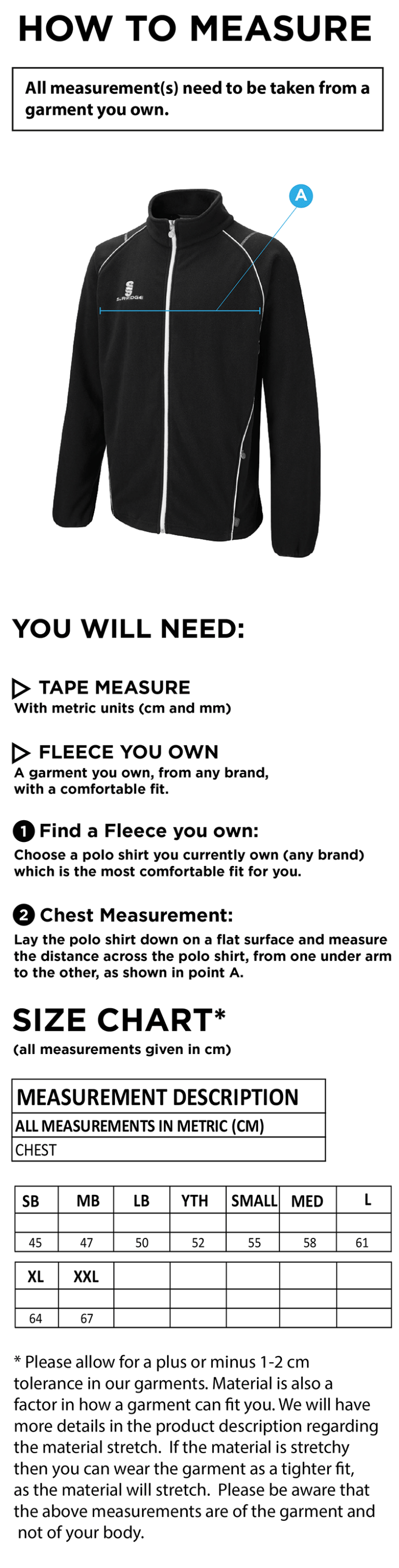 Nassington CC - Full Zip Fleece Jacket - Size Guide