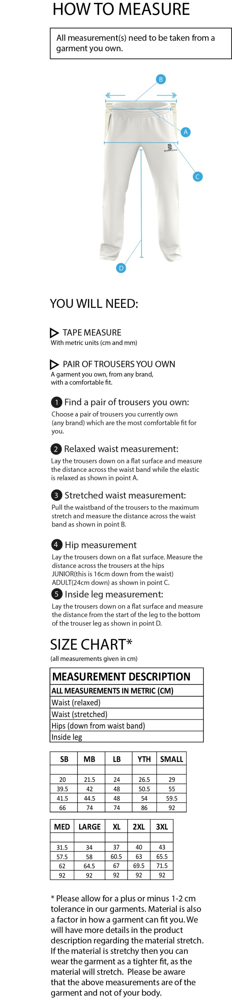 Nassington CC - Standard Playing Pant - Size Guide