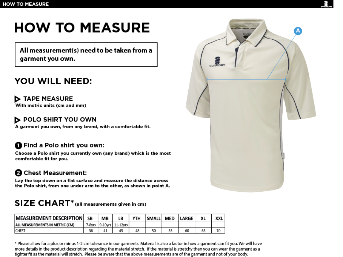 Nassington CC - Premier 3/4 Sleeve Maroon Trim Shirt - Size Guide
