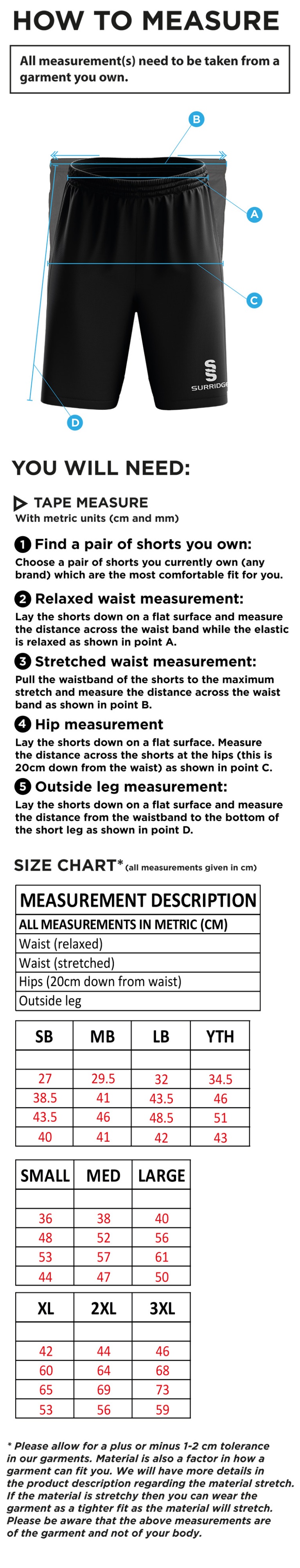 Nassington CC - Ripstop Short - Size Guide