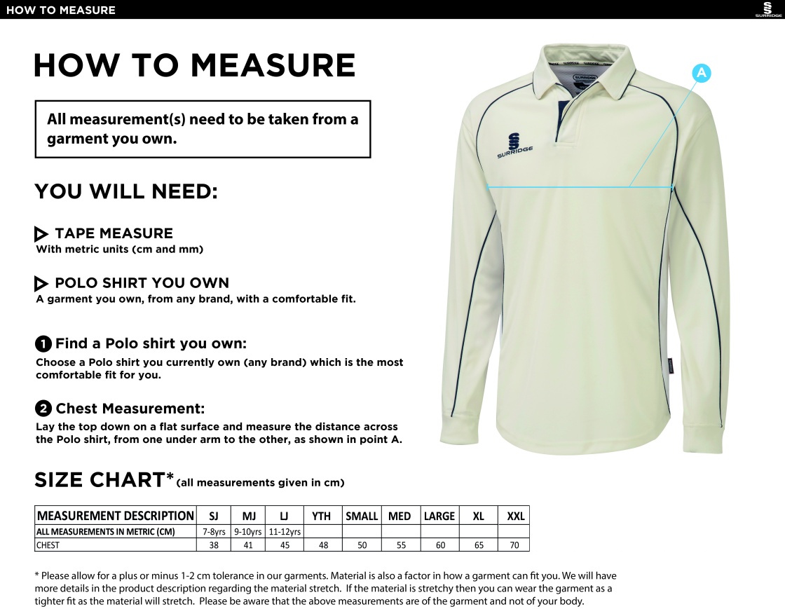 Nassington CC - Premier Long Sleeve Maroon Trim Shirt - Size Guide
