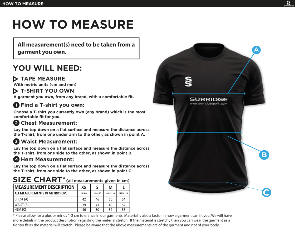 Nassington CC - Women's Dual Games Shirt - Size Guide