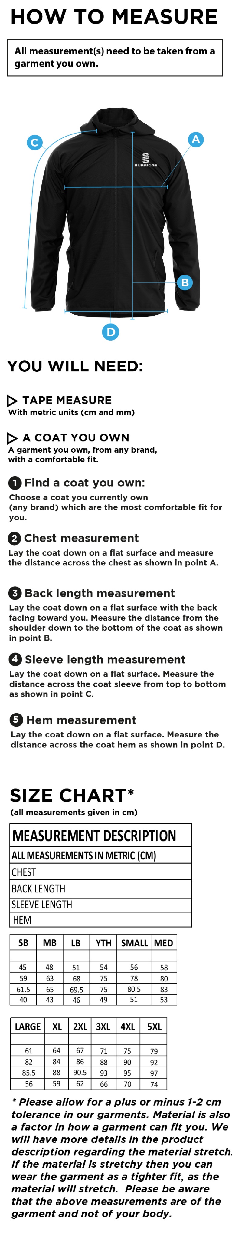 Nassington CC -  Full Zip Training Jacket with Hood - Size Guide