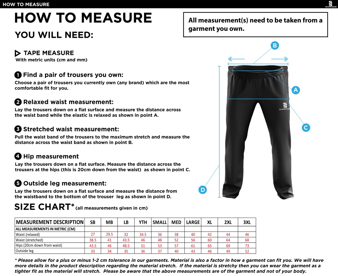 Nassington CC - Ripstop Track Pant - Size Guide