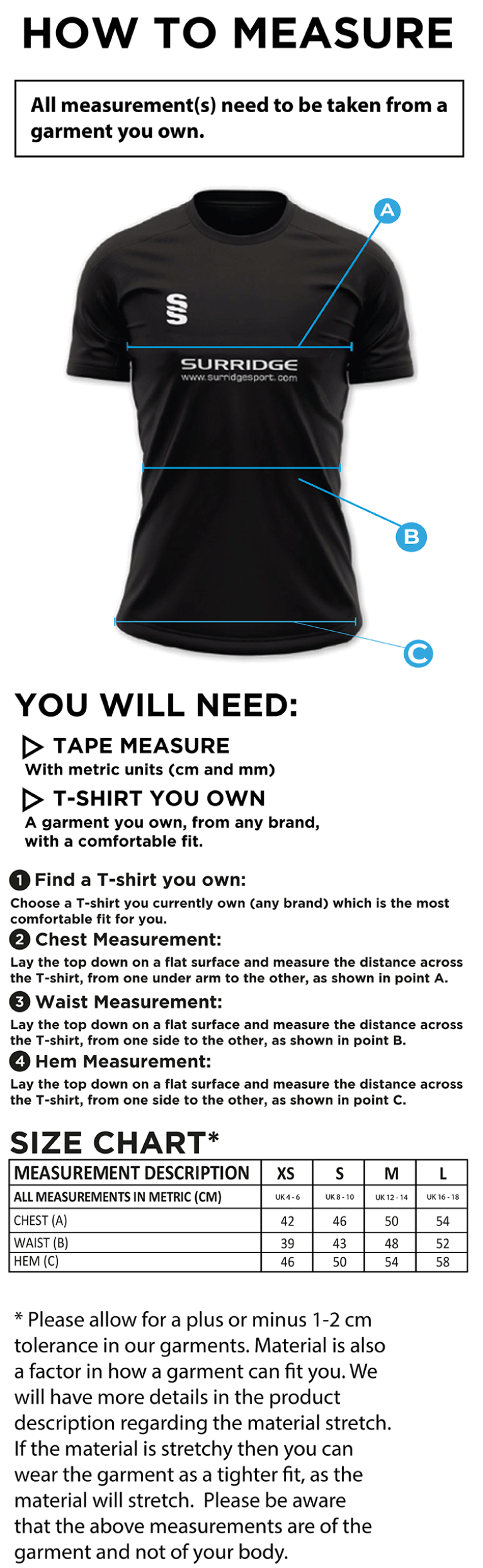 Nassington CC - Women's Dual Games Shirt - Size Guide