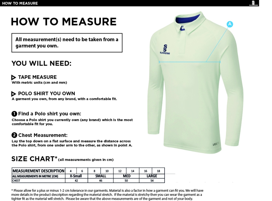 NASSINGTON CC DUAL LONG SLEEVE CRICKET SHIRT (WOMENS)-Ivory - Size Guide