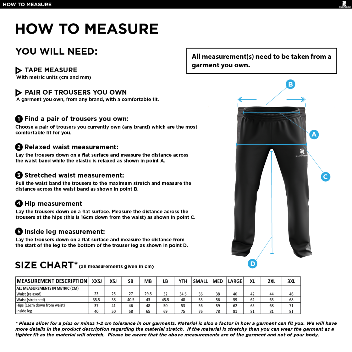 Nassington CC - Poplin Track Pant - Size Guide