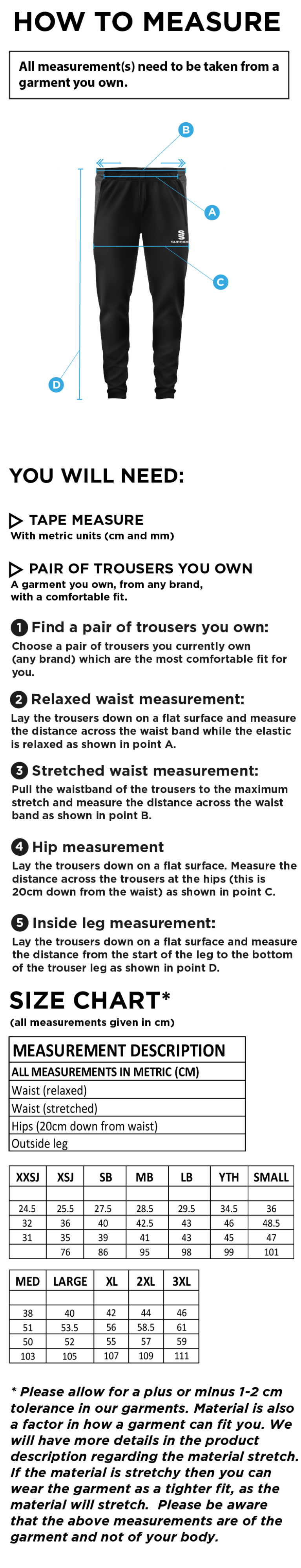 Nassington CC - Tek Slim Pant - Size Guide