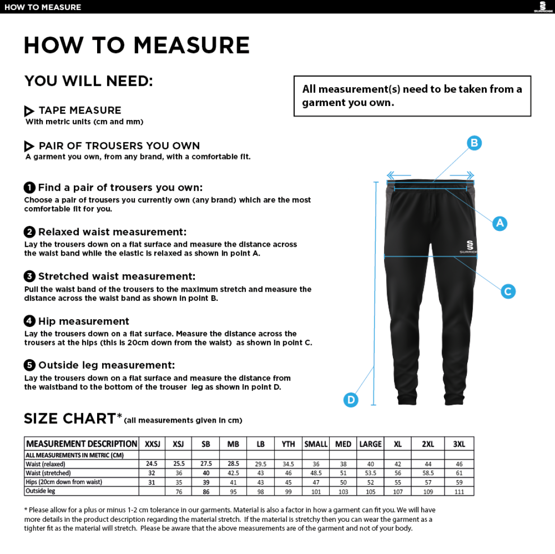 Nassington CC - Tek Slim Pant - Size Guide