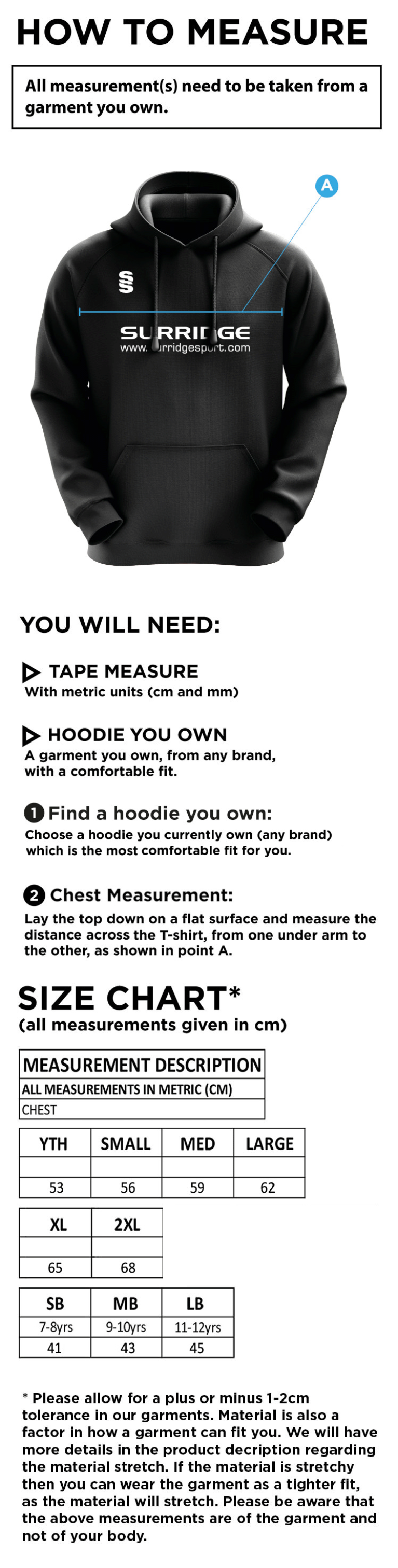 Nassington CC - Blade Hoody - Size Guide