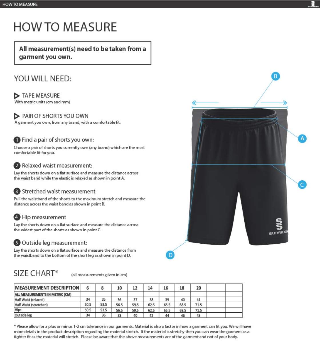 Nassington CC - Women's Ripstop Short - Size Guide