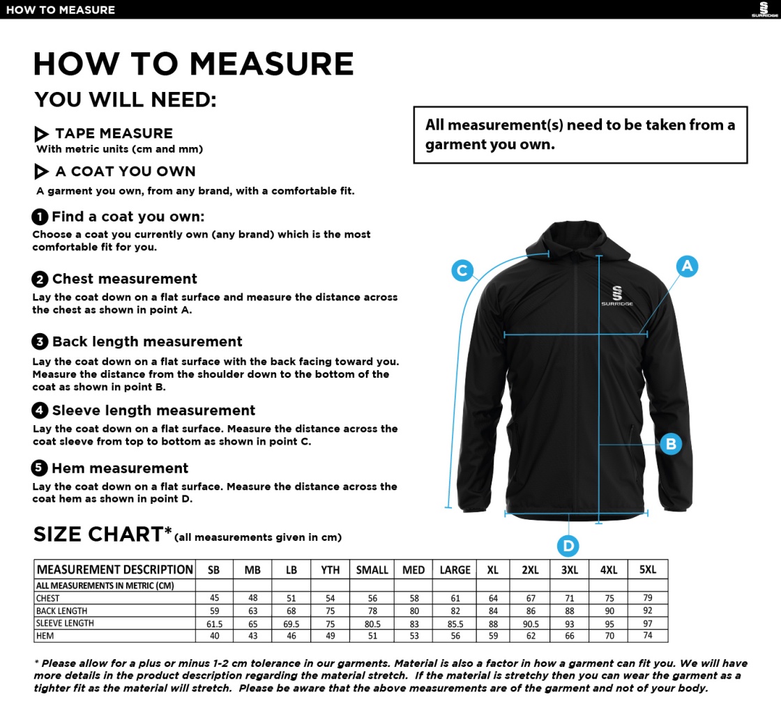 Nassington CC -  Full Zip Training Jacket with Hood - Size Guide