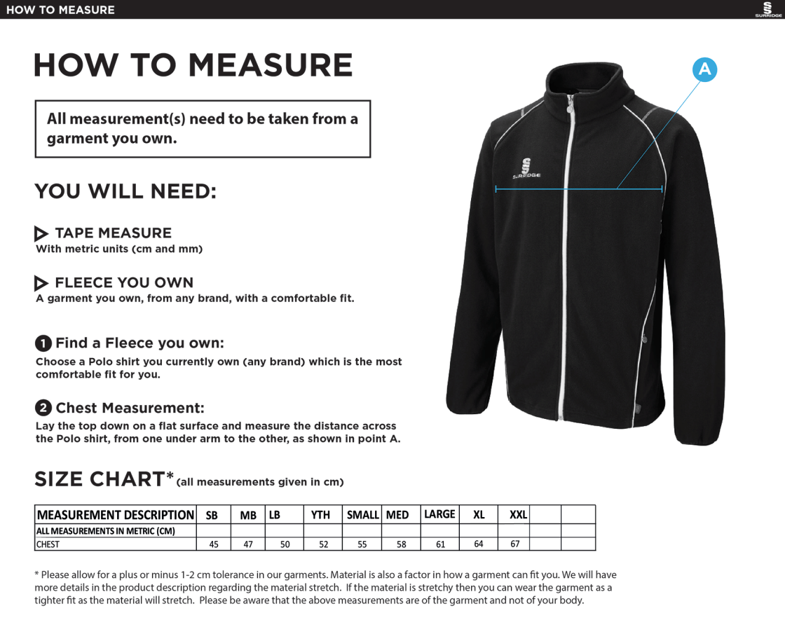 Nassington CC - Full Zip Fleece Jacket - Size Guide