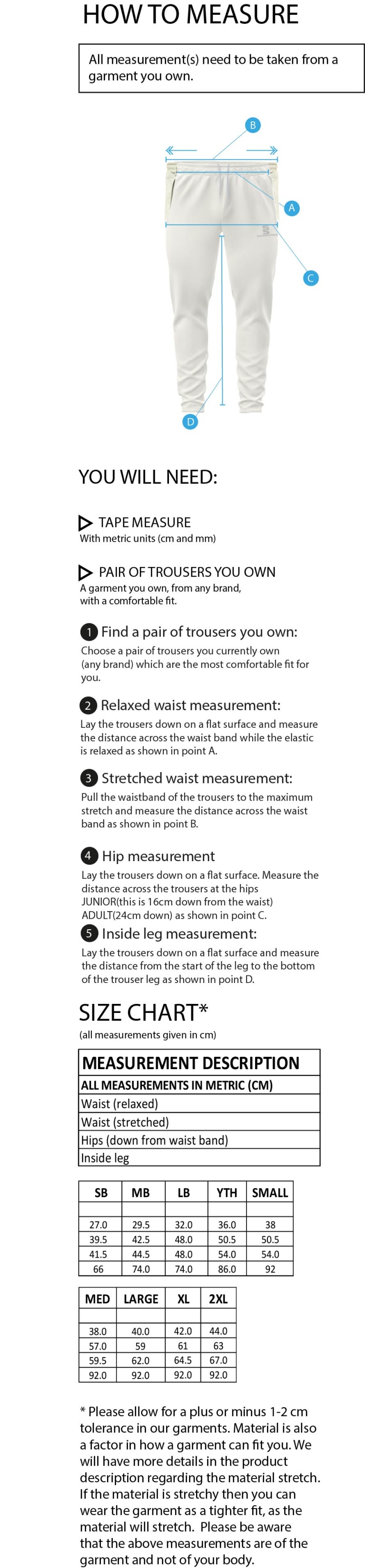 Nassington CC - Ergo Playing Pant - Size Guide