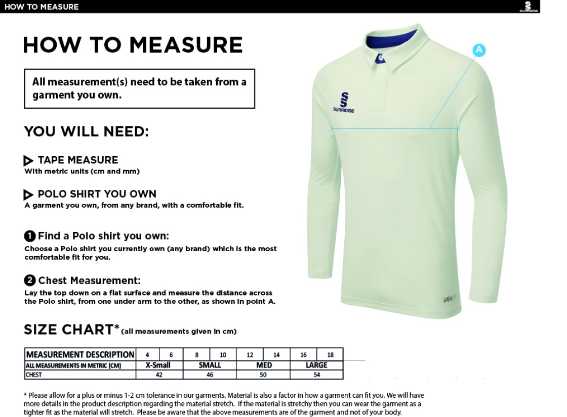 NASSINGTON CC DUAL LONG SLEEVE CRICKET SHIRT (WOMENS)-Ivory - Size Guide