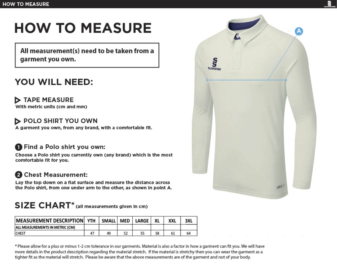 Nassington CC - Ergo Long Sleeve Maroon Trim Shirt - Size Guide